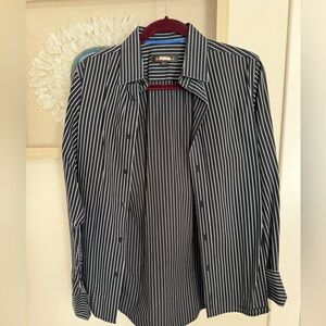 Black button-down shirt with light blue stripe